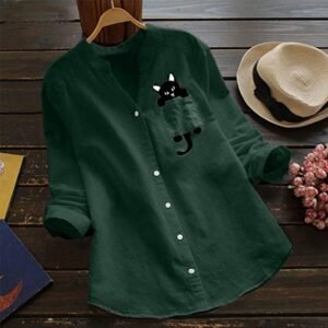 (Buy 2 Free Shipping)🔥V-neck Cotton And Cat Print Long Sleeve Blouse